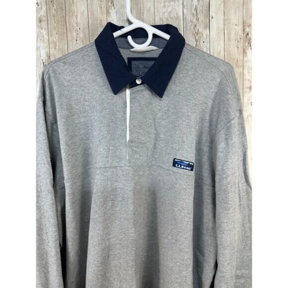 L.L. Bean‎ Rugby Polo Shirt Men sz XL Heather Gray Blue Long Sleeve 1/4 Button - Picture 3 of 9